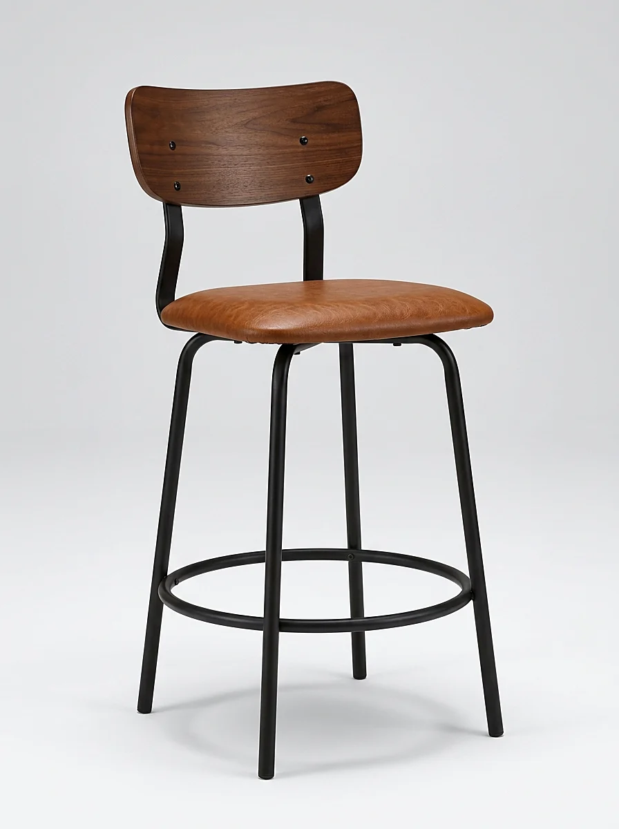 Banqueta alta com encosto curvo em madeira escura e assento estofado caramelo, pernas em aço preto com aro para os pés, Chair & Table