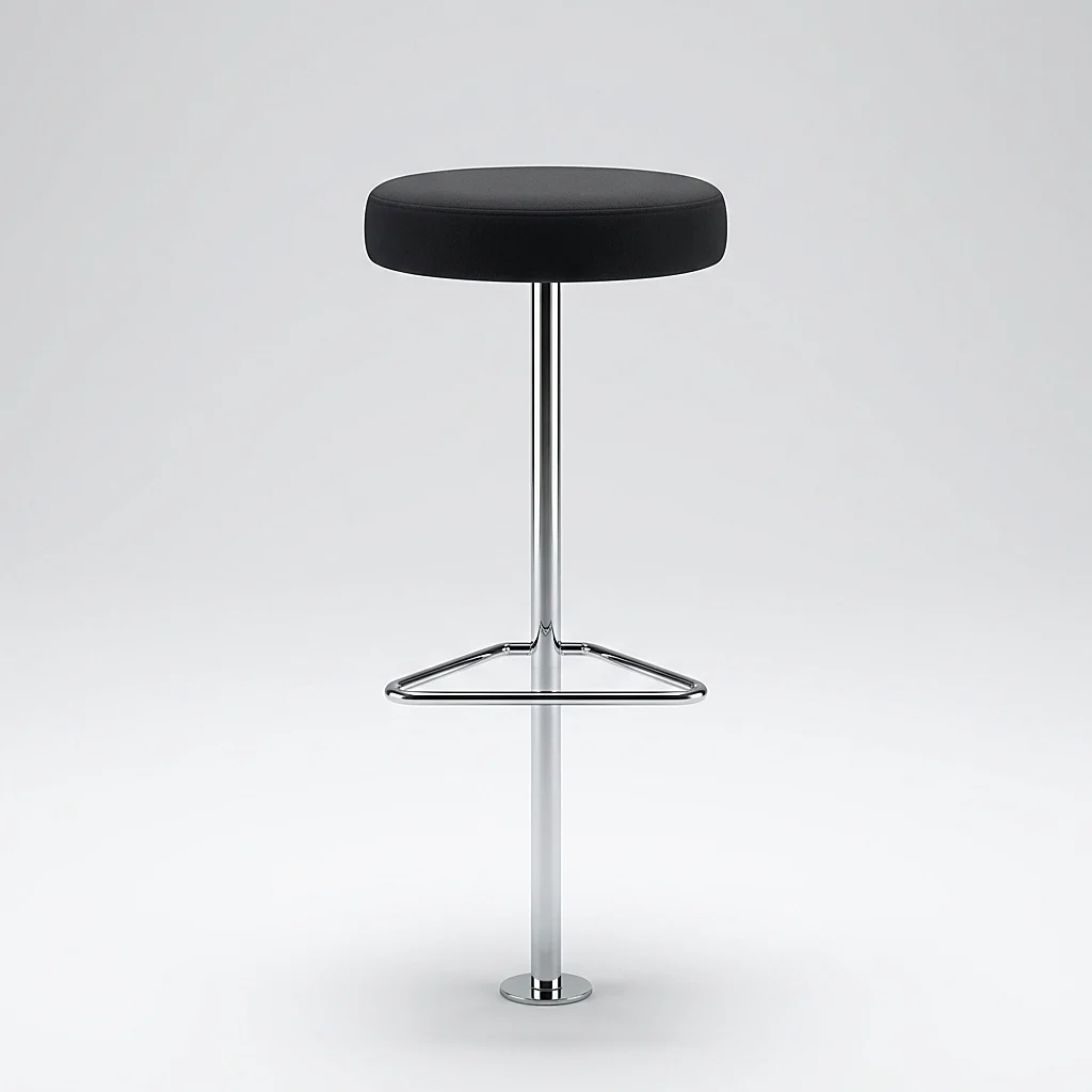 Banqueta fixa cromada com coluna reta, aro triangular de apoio para os pés e base achatada, Chair & Table