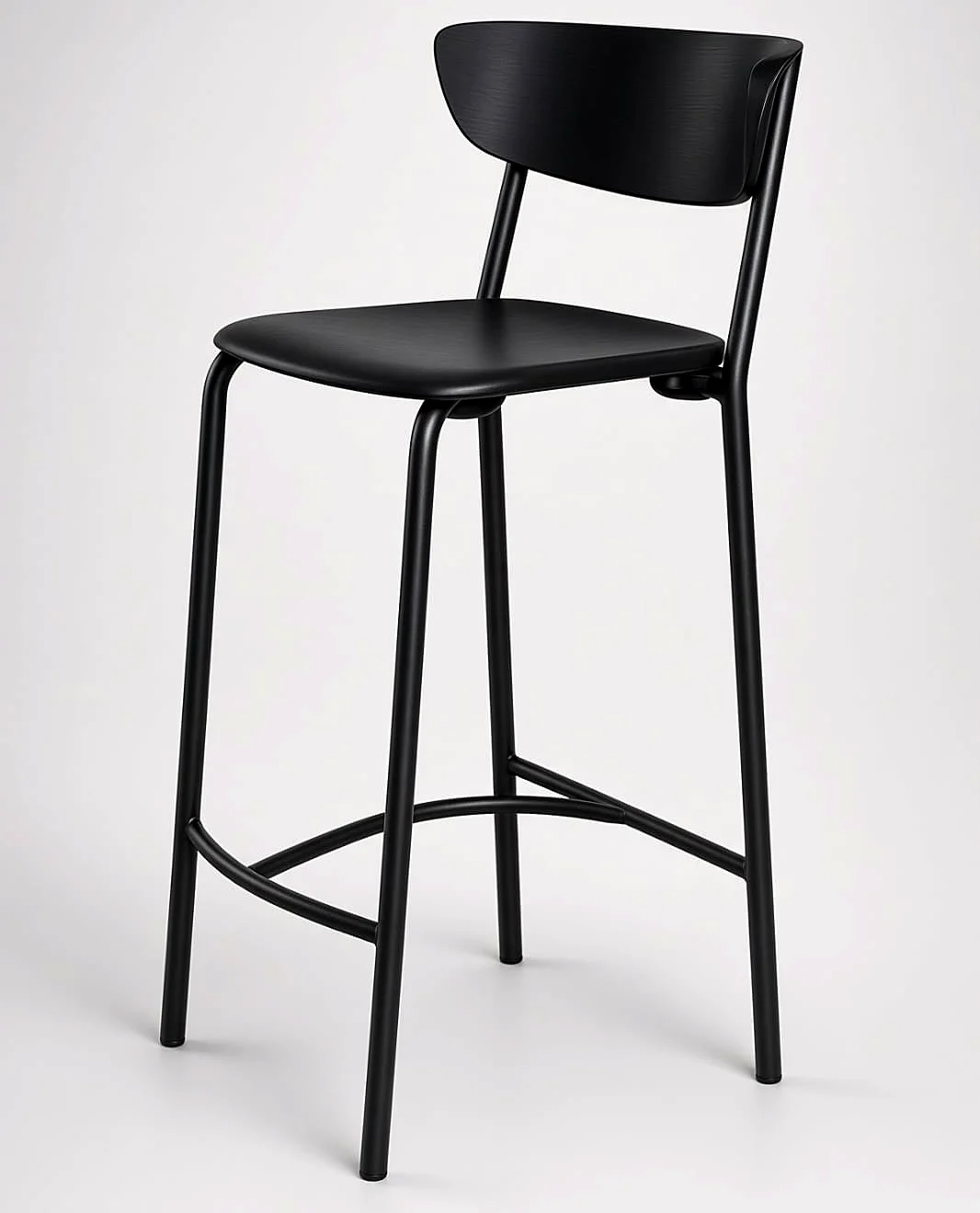 Banqueta alta preta com encosto e assento em madeira curvada, base em aço com aro para os pés, Chair & Table