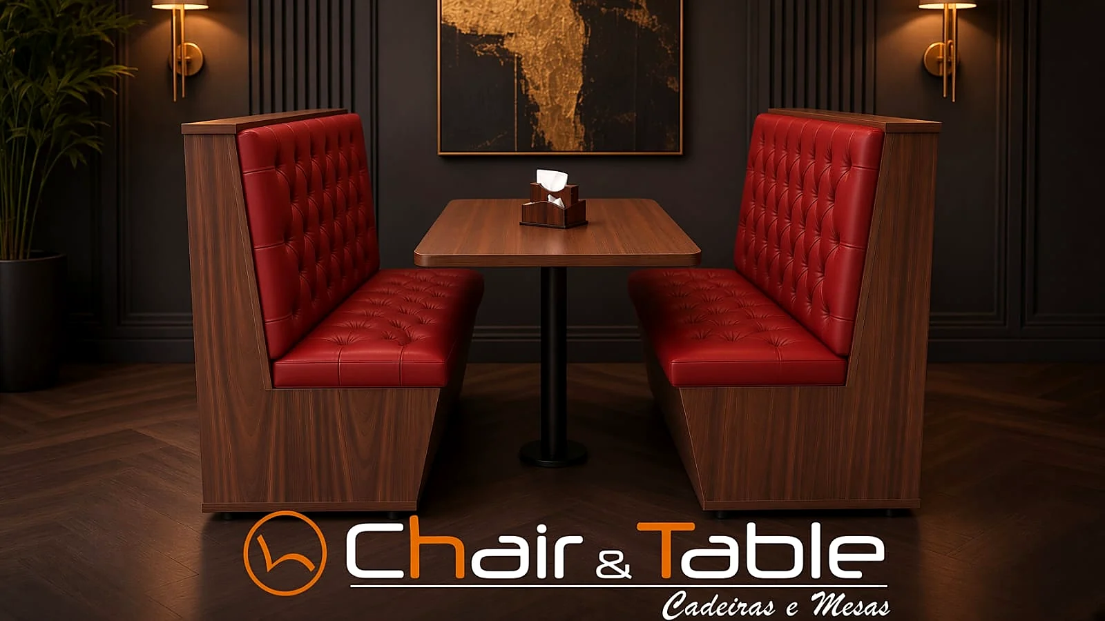 Booth para restaurante com sofás estofados e mesa central, linha Chair & Table