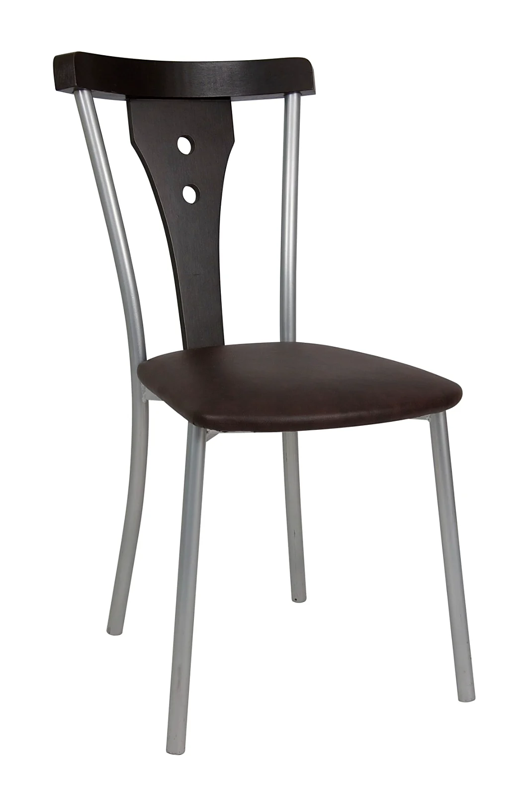Cadeira com encosto de madeira vazado e assento estofado marrom, pernas em alumínio, para restaurante, Chair & Table