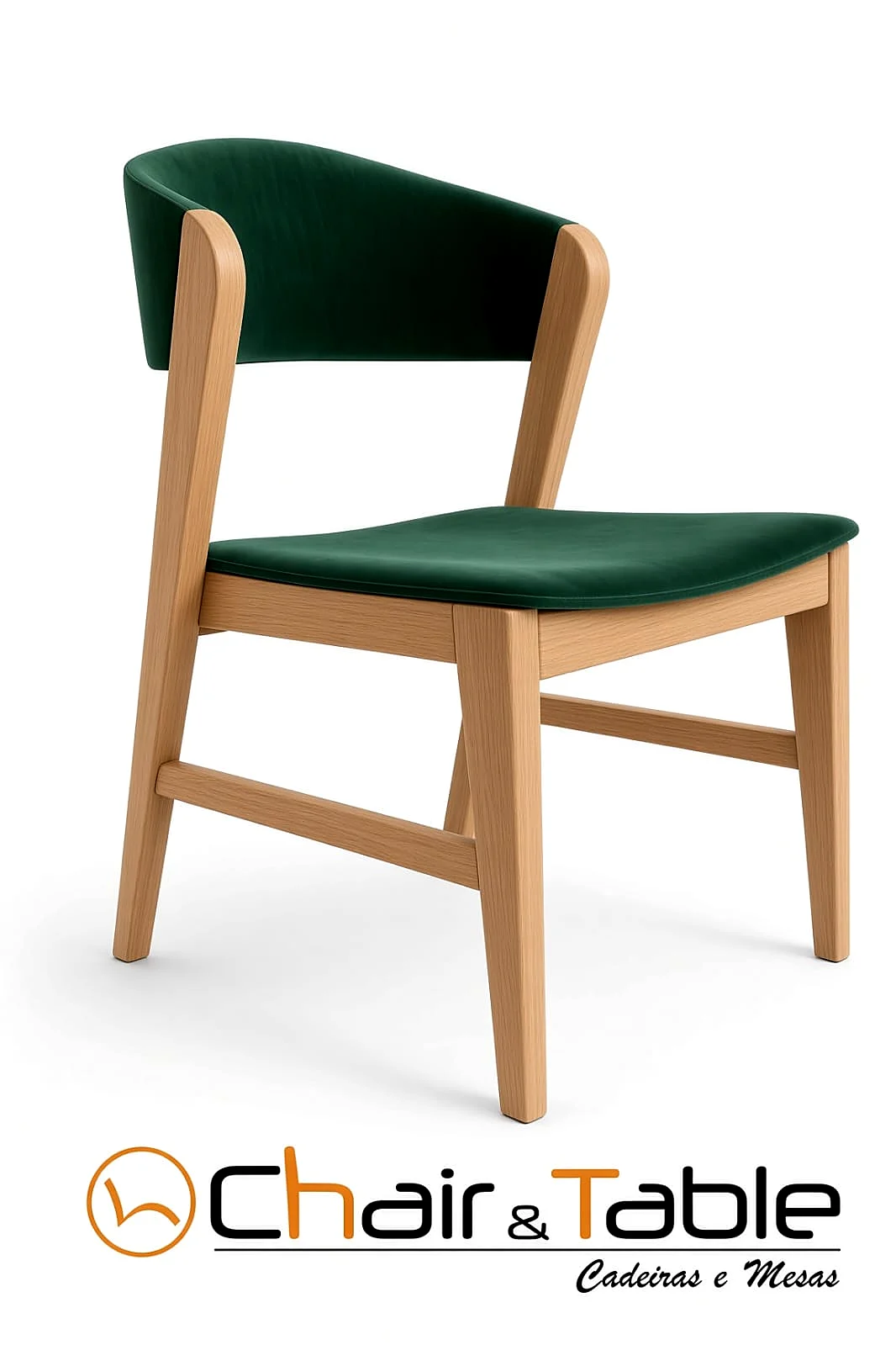 Cadeira estofada verde com estrutura de madeira clara, para restaurante, Chair & Table