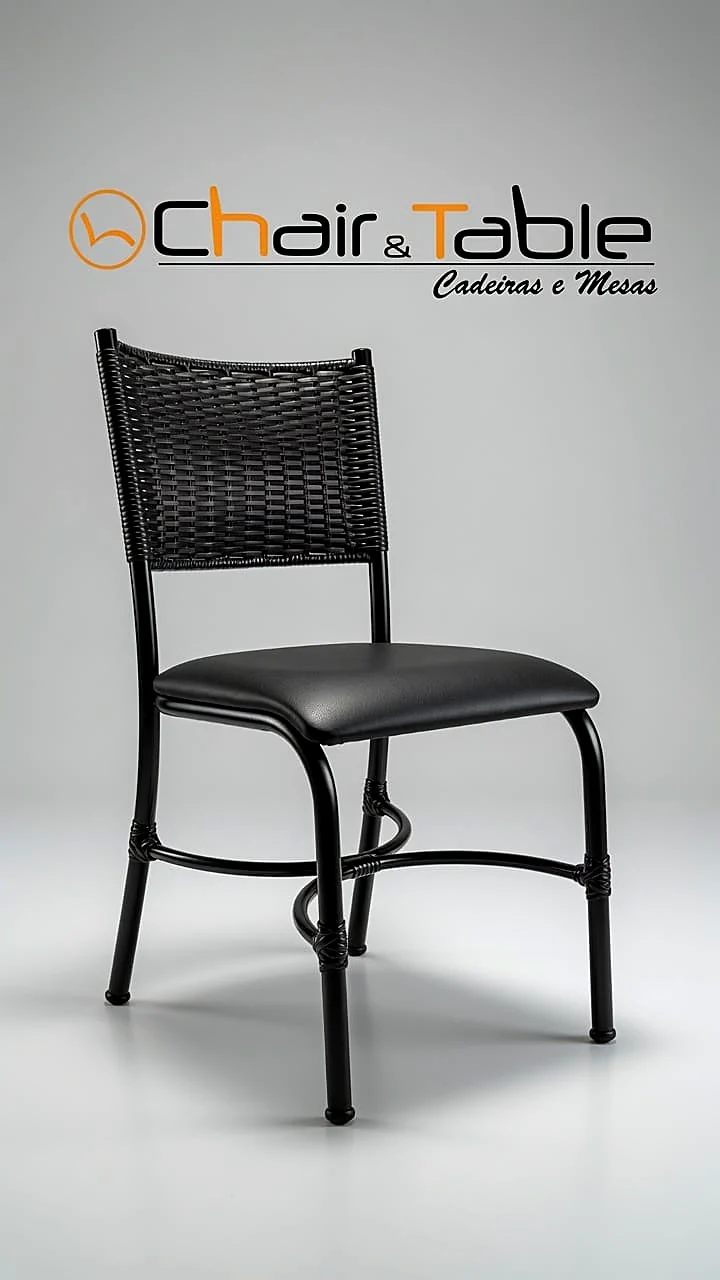 Cadeira preta com encosto em fibra sintética trançada e assento estofado, Chair & Table