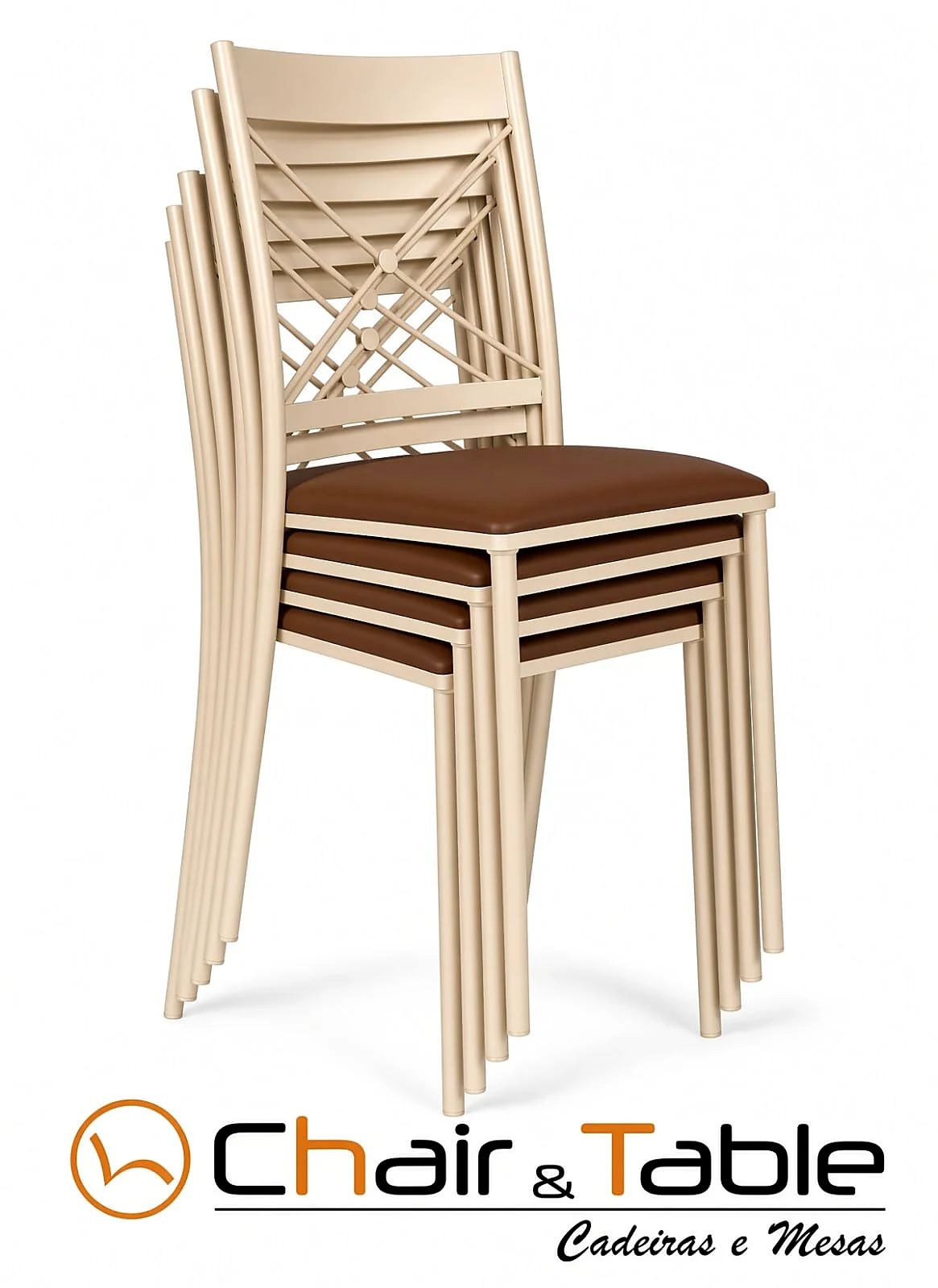 Cadeiras empilháveis creme com assento estofado marrom, estrutura vazada, Chair & Table