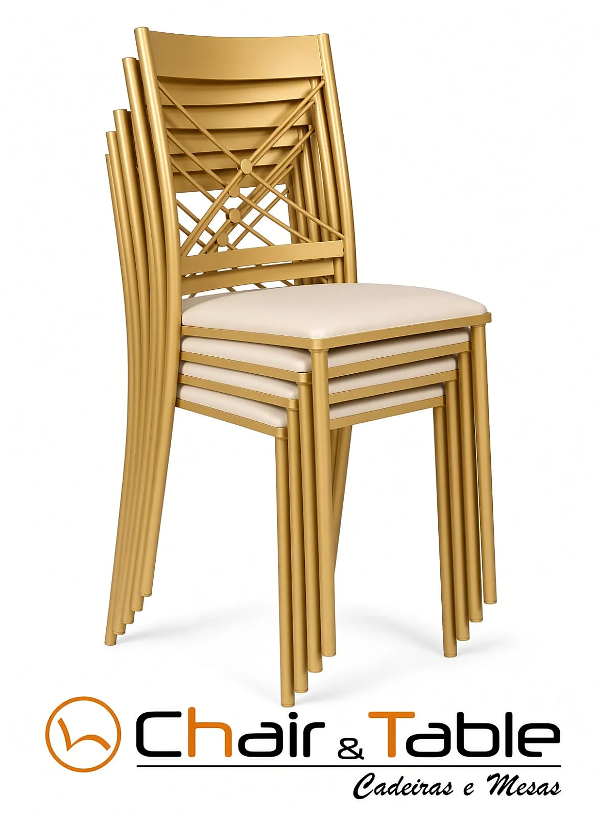 Cadeiras empilháveis douradas com assento estofado creme, Chair & Table