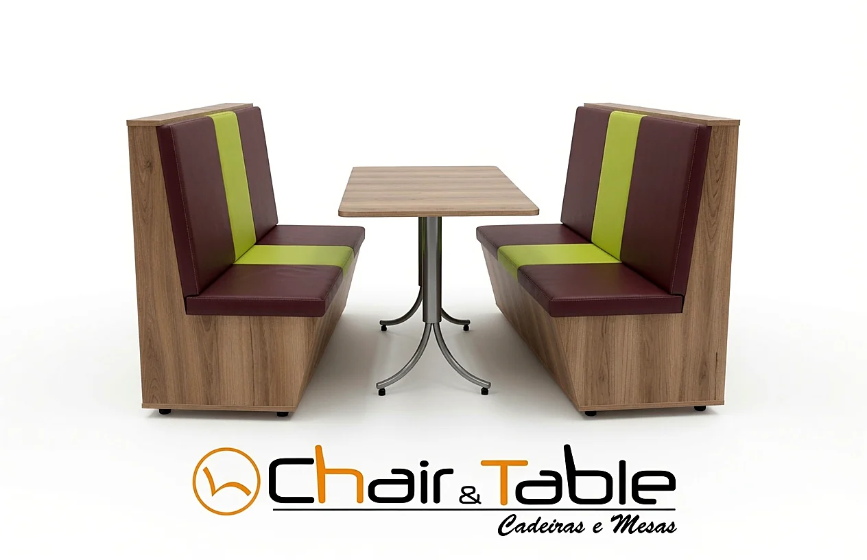Booth estofado marrom com friso verde-limão e mesa com pé cromado, Chair & Table
