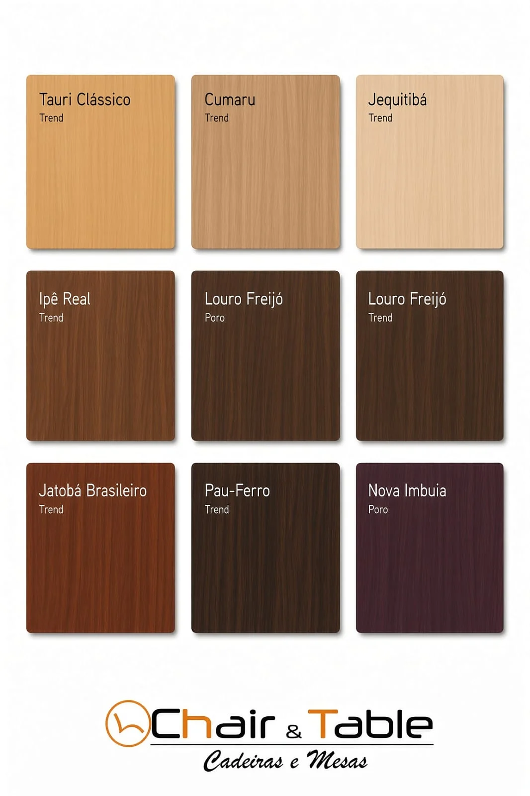 Tabela de cores em acabamento madeira, catálogo físico Chair & Table
