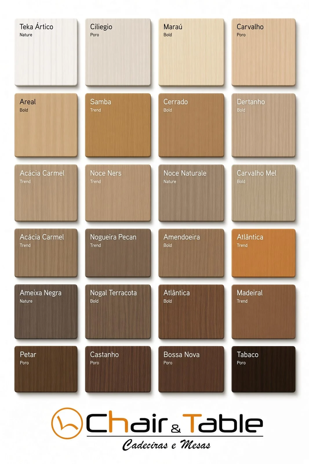 Tabela de cores em acabamento madeira, segunda referência, catálogo físico Chair & Table